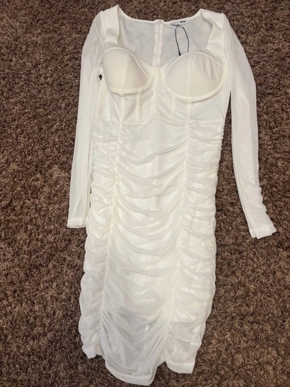 Fashion Nova White Long Sleeve Ruched Bustier Midi Dress